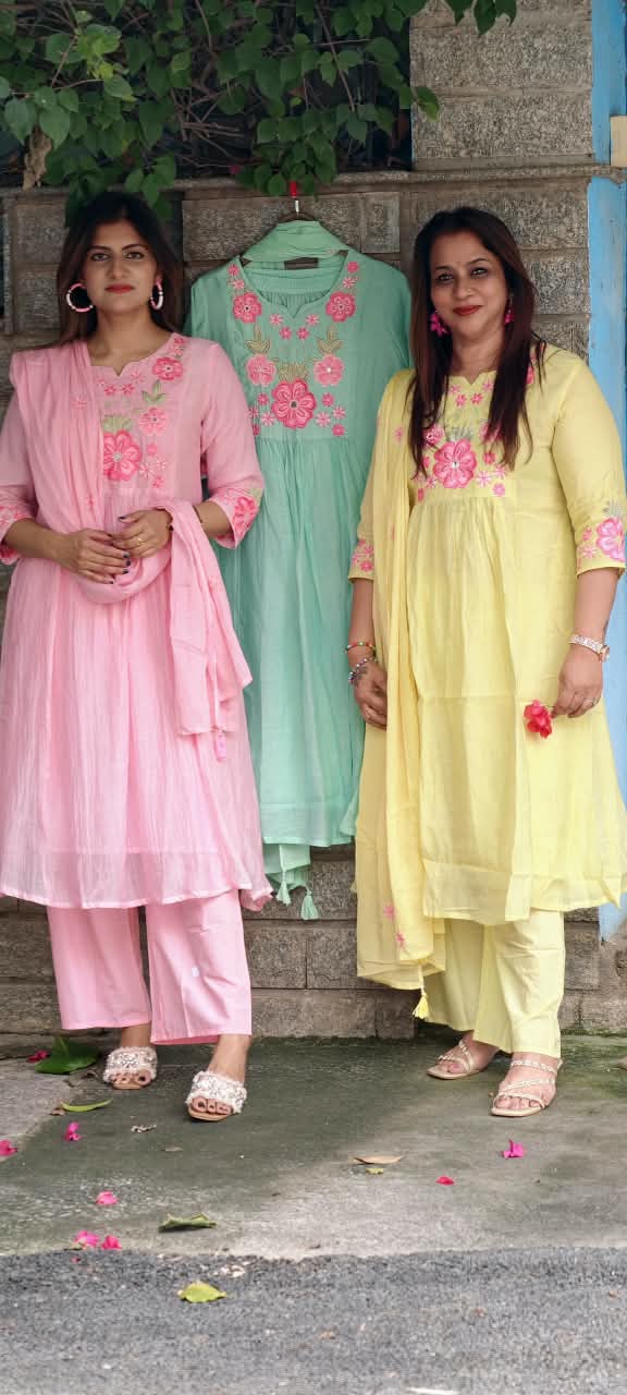 Fine Intricate Cute Floral Embroidered Block Yoke A-Line Full Suit Set With Dupatta- 16086