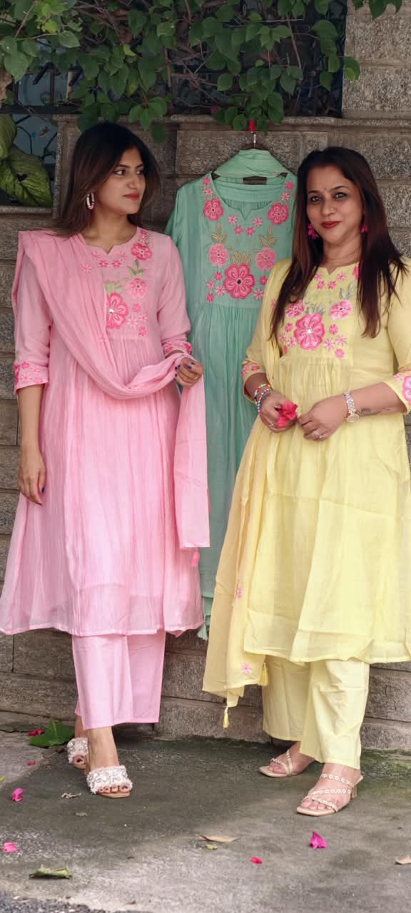 Fine Intricate Cute Floral Embroidered Block Yoke A-Line Full Suit Set With Dupatta- 16086