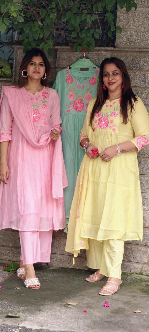 Fine Intricate Cute Floral Embroidered Block Yoke A-Line Full Suit Set With Dupatta- 16086
