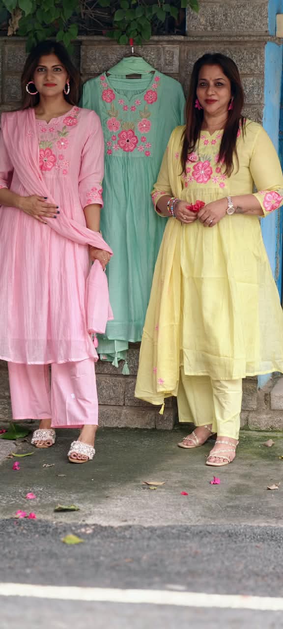 Fine Intricate Cute Floral Embroidered Block Yoke A-Line Full Suit Set With Dupatta- 16086