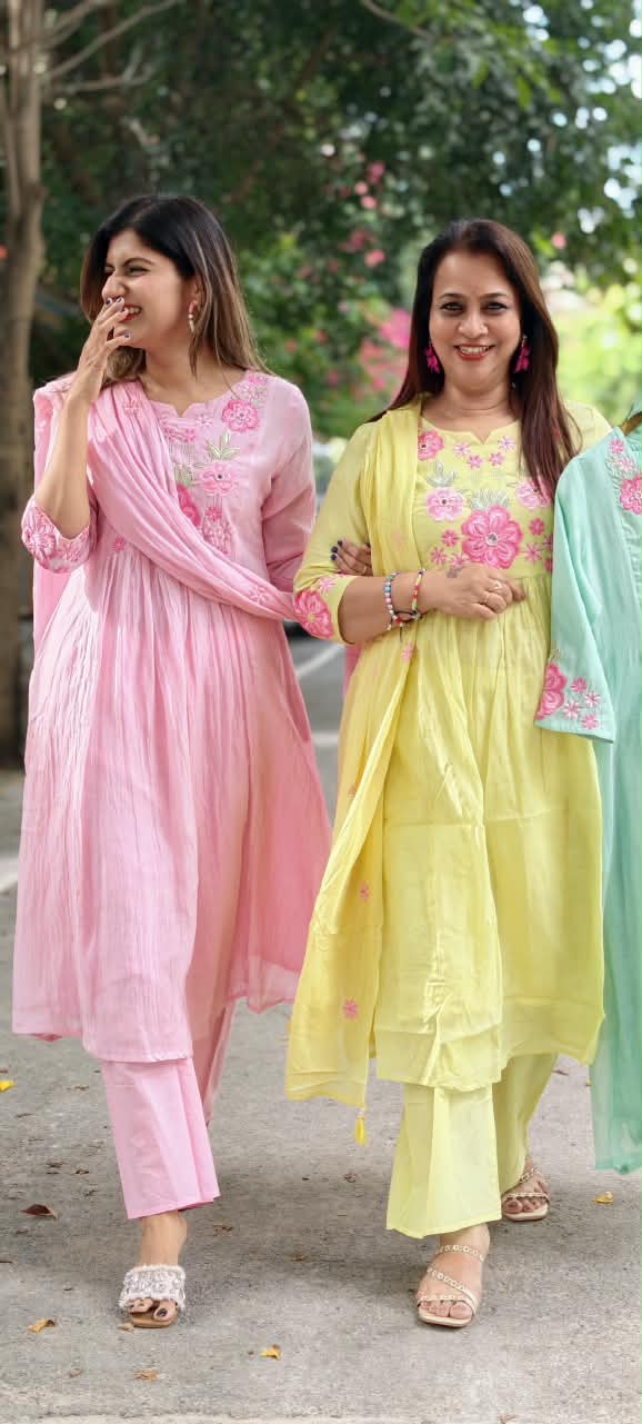Fine Intricate Cute Floral Embroidered Block Yoke A-Line Full Suit Set With Dupatta- 16086