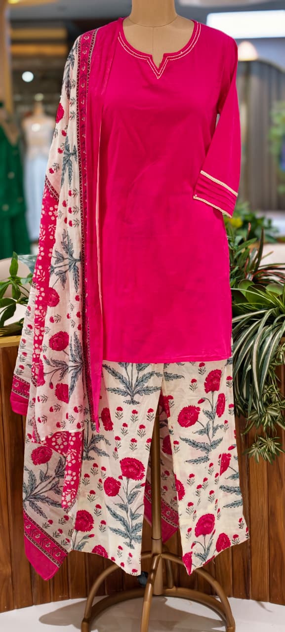 Cotton Full Suit Set With Solid Shade Short Kurta & Beautiful Floral Printed Bottom & Dupatta- 15831