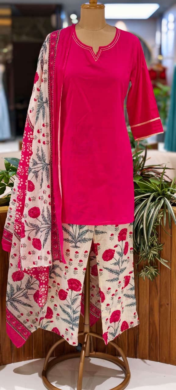 Cotton Full Suit Set With Solid Shade Short Kurta & Beautiful Floral Printed Bottom & Dupatta- 15831