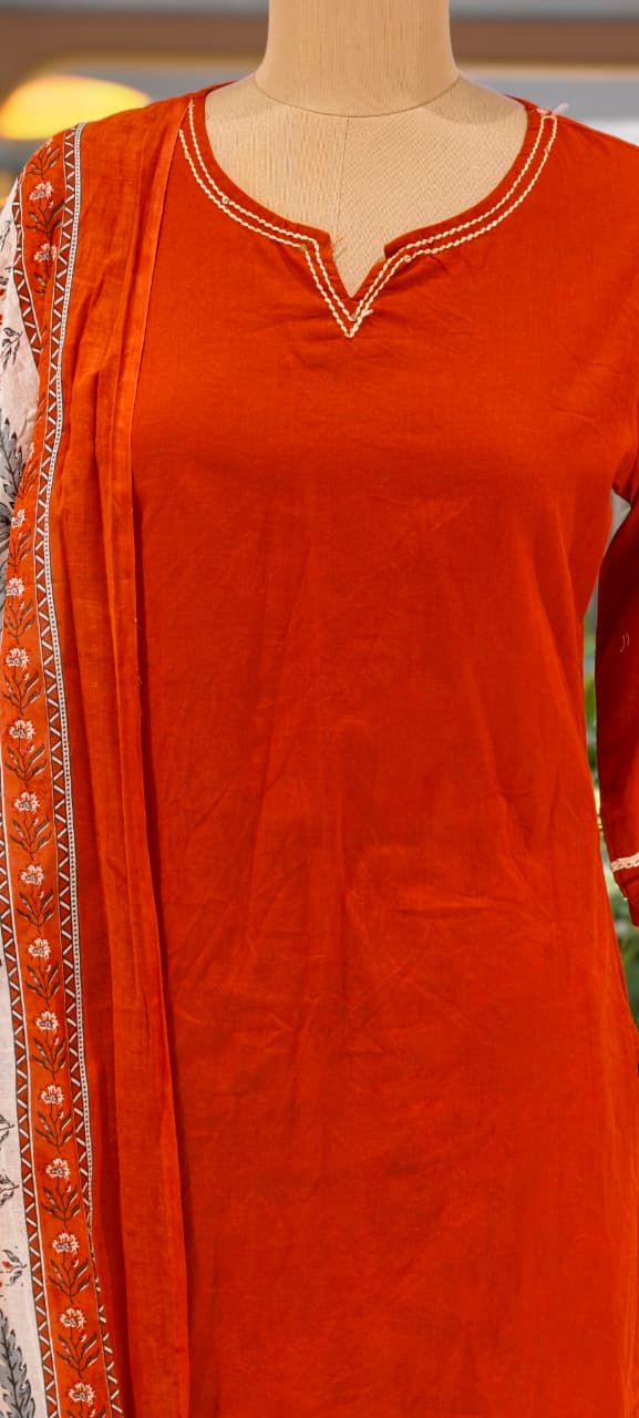 Cotton Full Suit Set With Solid Shade Short Kurta & Beautiful Floral Printed Bottom & Dupatta- 15831