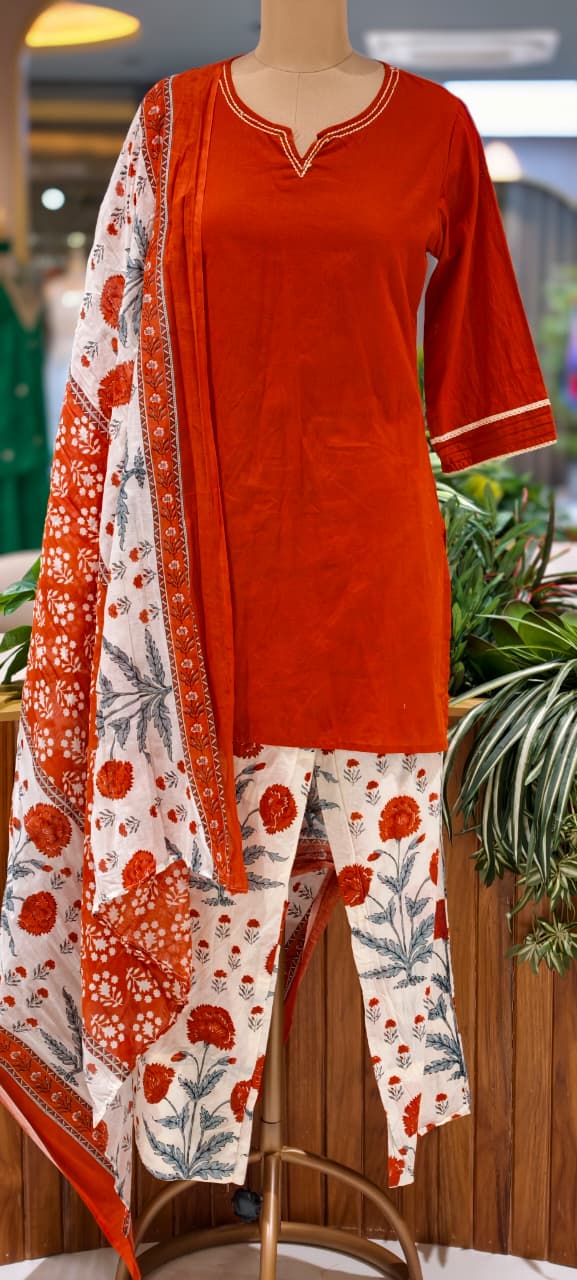 Cotton Full Suit Set With Solid Shade Short Kurta & Beautiful Floral Printed Bottom & Dupatta- 15831