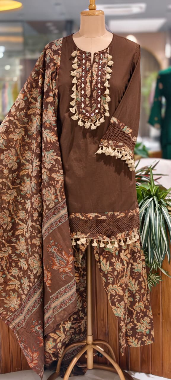 Boho Style Tassel Accent Solid Cotton Kurta With Printed Bottom & Dupatta Full Suit Set- 16018