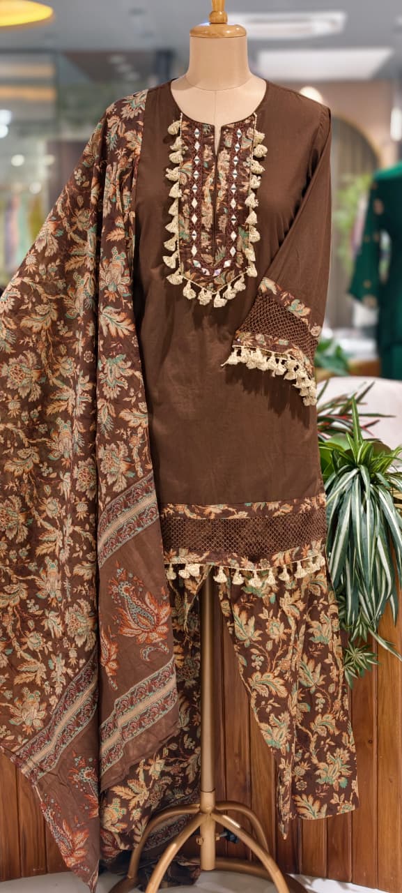 Boho Style Tassel Accent Solid Cotton Kurta With Printed Bottom & Dupatta Full Suit Set- 16018