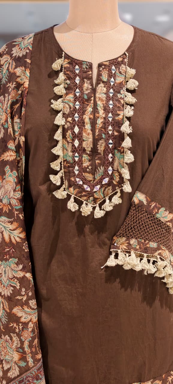Boho Style Tassel Accent Solid Cotton Kurta With Printed Bottom & Dupatta Full Suit Set- 16018