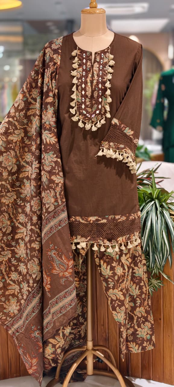Boho Style Tassel Accent Solid Cotton Kurta With Printed Bottom & Dupatta Full Suit Set- 16018
