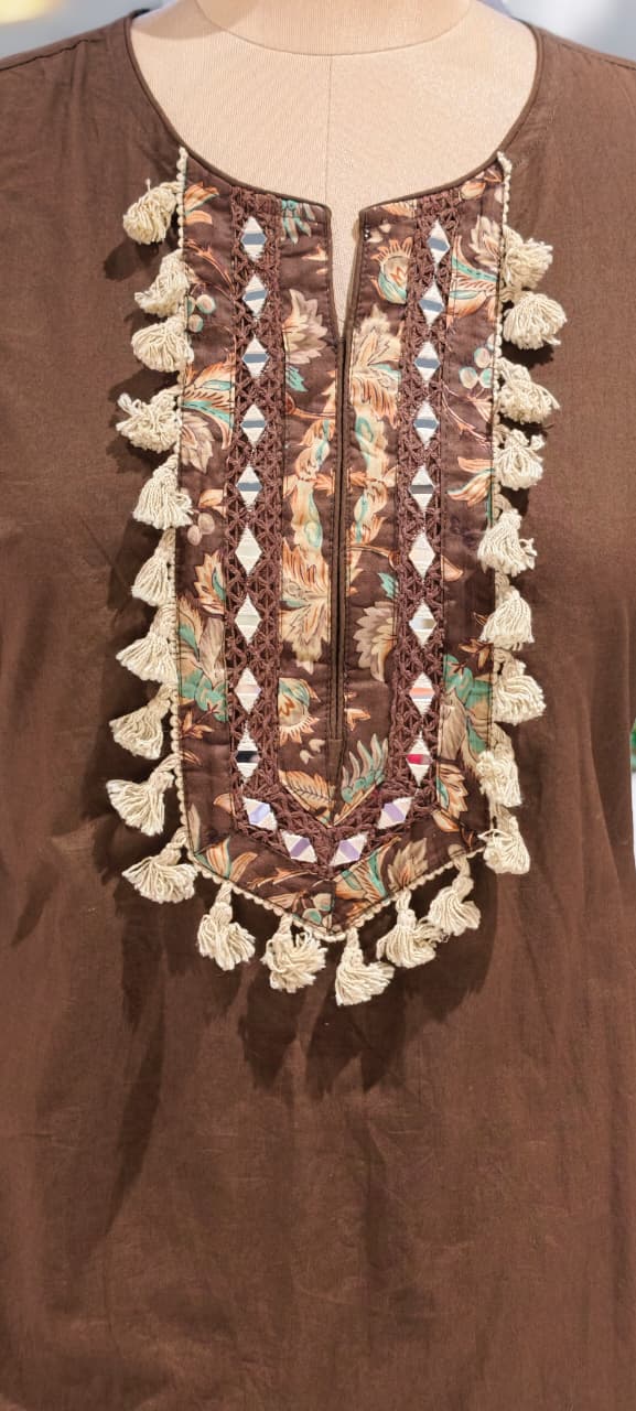 Boho Style Tassel Accent Solid Cotton Kurta With Printed Bottom & Dupatta Full Suit Set- 16018