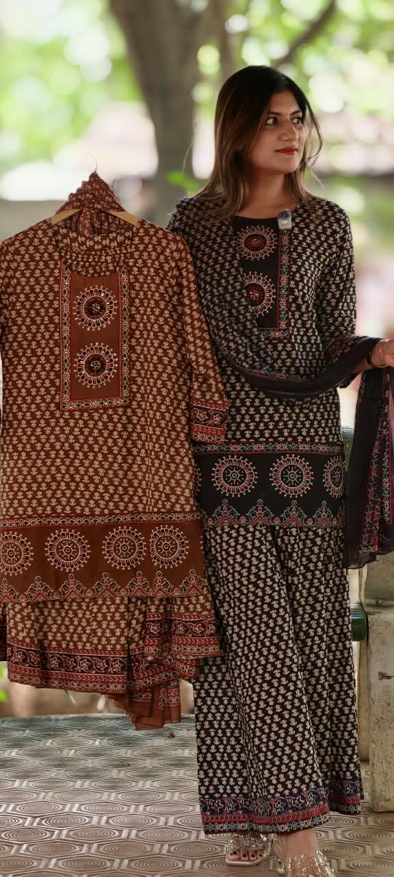Traditional Block Prints Pure Cotton Short Length Kurta Style Full Suit Set With Dupatta & Loose Palazzo Bottom- 15931(Lean Fit)
