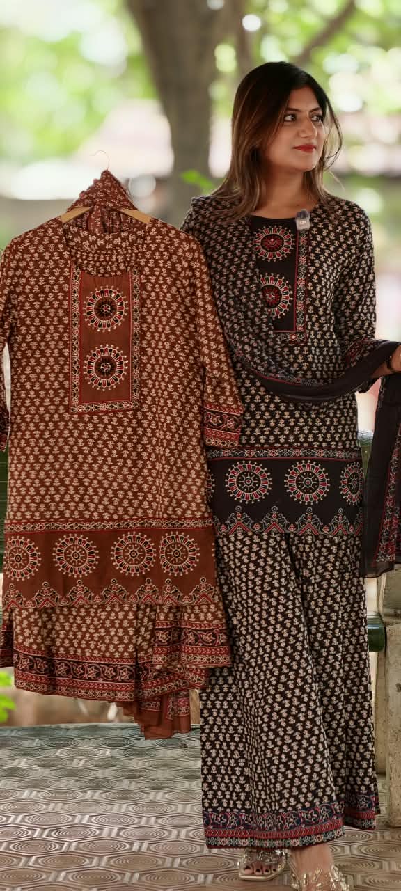 Traditional Block Prints Pure Cotton Short Length Kurta Style Full Suit Set With Dupatta & Loose Palazzo Bottom- 15931(Lean Fit)