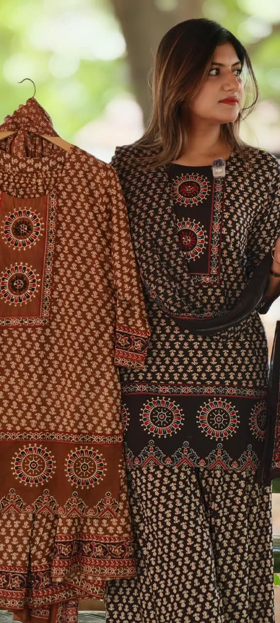 Traditional Block Prints Pure Cotton Short Length Kurta Style Full Suit Set With Dupatta & Loose Palazzo Bottom- 15931(Lean Fit)