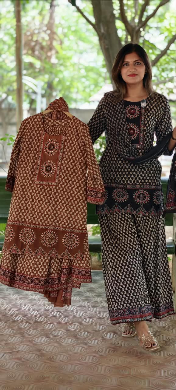 Traditional Block Prints Pure Cotton Short Length Kurta Style Full Suit Set With Dupatta & Loose Palazzo Bottom- 15931(Lean Fit)