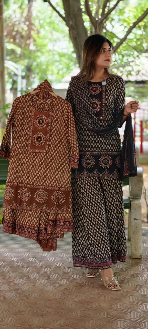 Traditional Block Prints Pure Cotton Short Length Kurta Style Full Suit Set With Dupatta & Loose Palazzo Bottom- 15931(Lean Fit)