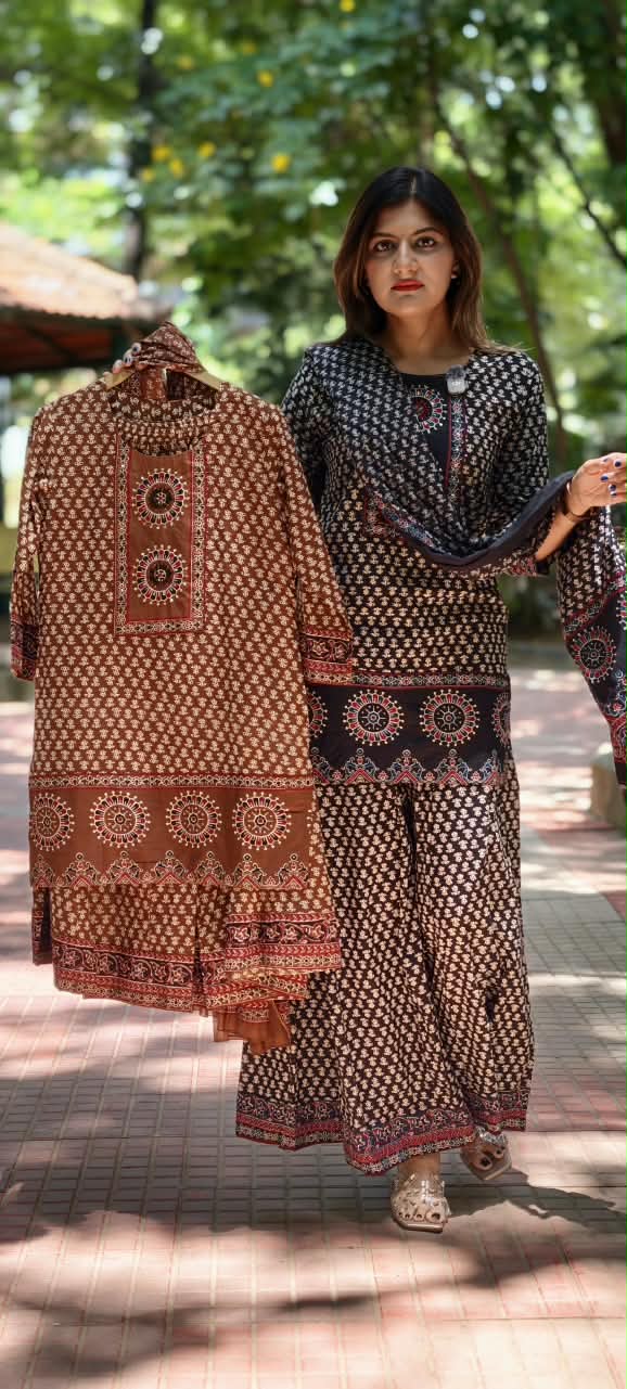Traditional Block Prints Pure Cotton Short Length Kurta Style Full Suit Set With Dupatta & Loose Palazzo Bottom- 15931(Lean Fit)