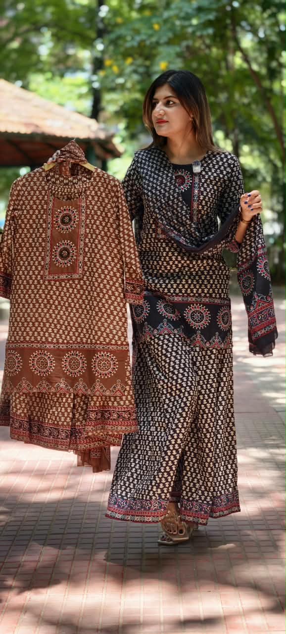 Traditional Block Prints Pure Cotton Short Length Kurta Style Full Suit Set With Dupatta & Loose Palazzo Bottom- 15931(Lean Fit)