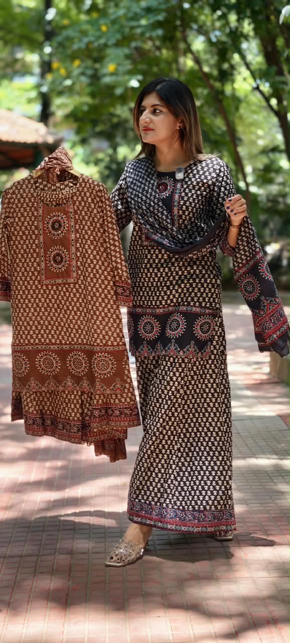 Traditional Block Prints Pure Cotton Short Length Kurta Style Full Suit Set With Dupatta & Loose Palazzo Bottom- 15931(Lean Fit)