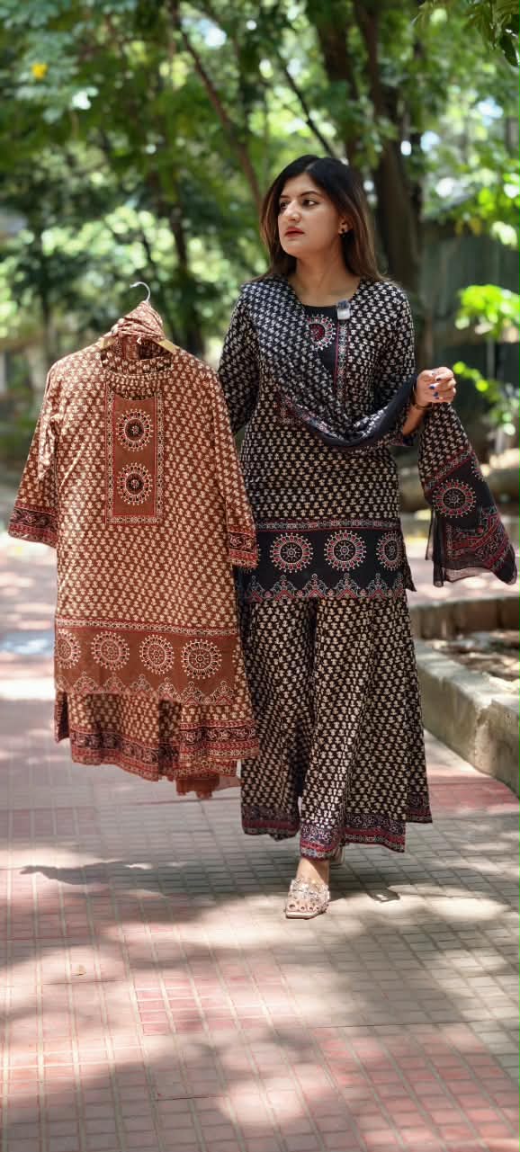 Traditional Block Prints Pure Cotton Short Length Kurta Style Full Suit Set With Dupatta & Loose Palazzo Bottom- 15931(Lean Fit)