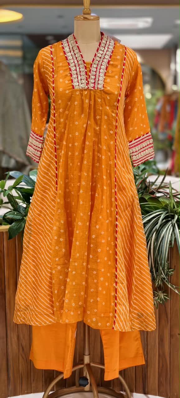 Blunt Orange With Golden Zardosi Red Highlights Kota Doria A-Line Full Suit Set With Dupatta- 16099