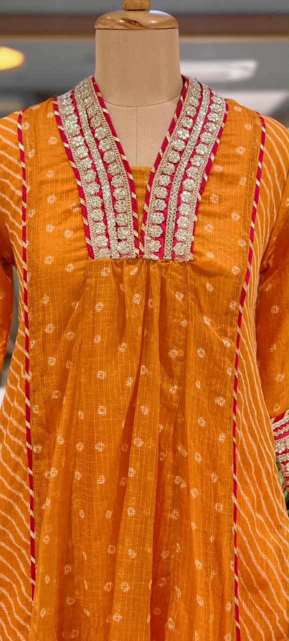 Blunt Orange With Golden Zardosi Red Highlights Kota Doria A-Line Full Suit Set With Dupatta- 16099