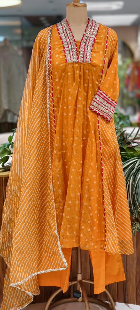 Blunt Orange With Golden Zardosi Red Highlights Kota Doria A-Line Full Suit Set With Dupatta- 16099