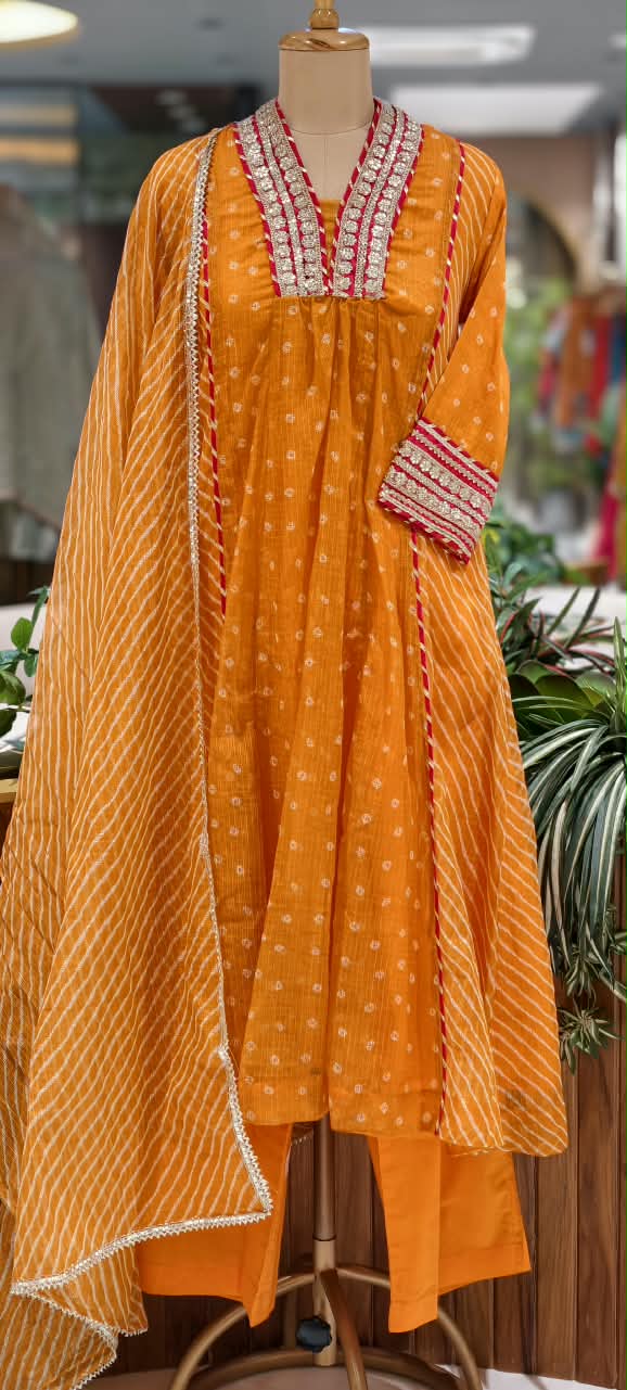 Blunt Orange With Golden Zardosi Red Highlights Kota Doria A-Line Full Suit Set With Dupatta- 16099