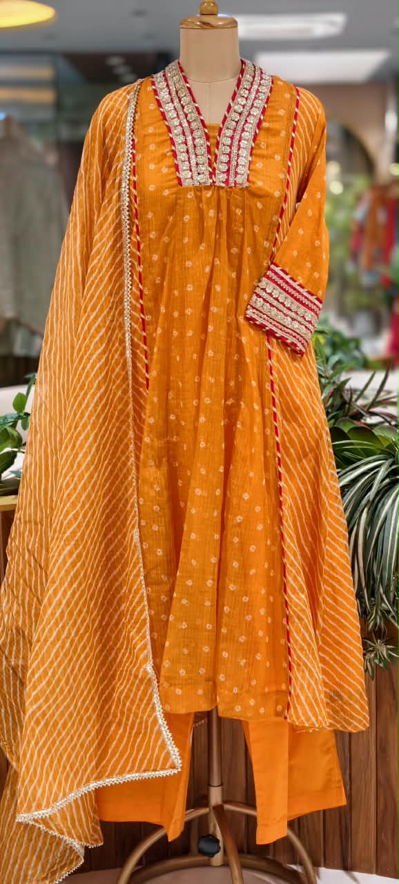 Blunt Orange With Golden Zardosi Red Highlights Kota Doria A-Line Full Suit Set With Dupatta- 16099