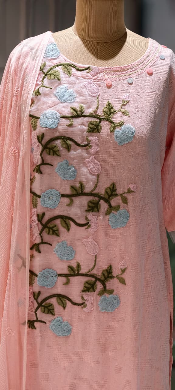 Spring Floral Fine Embroidered Pure White Premium Imported Fabric Full Suit Set With Dupatta- 15194
