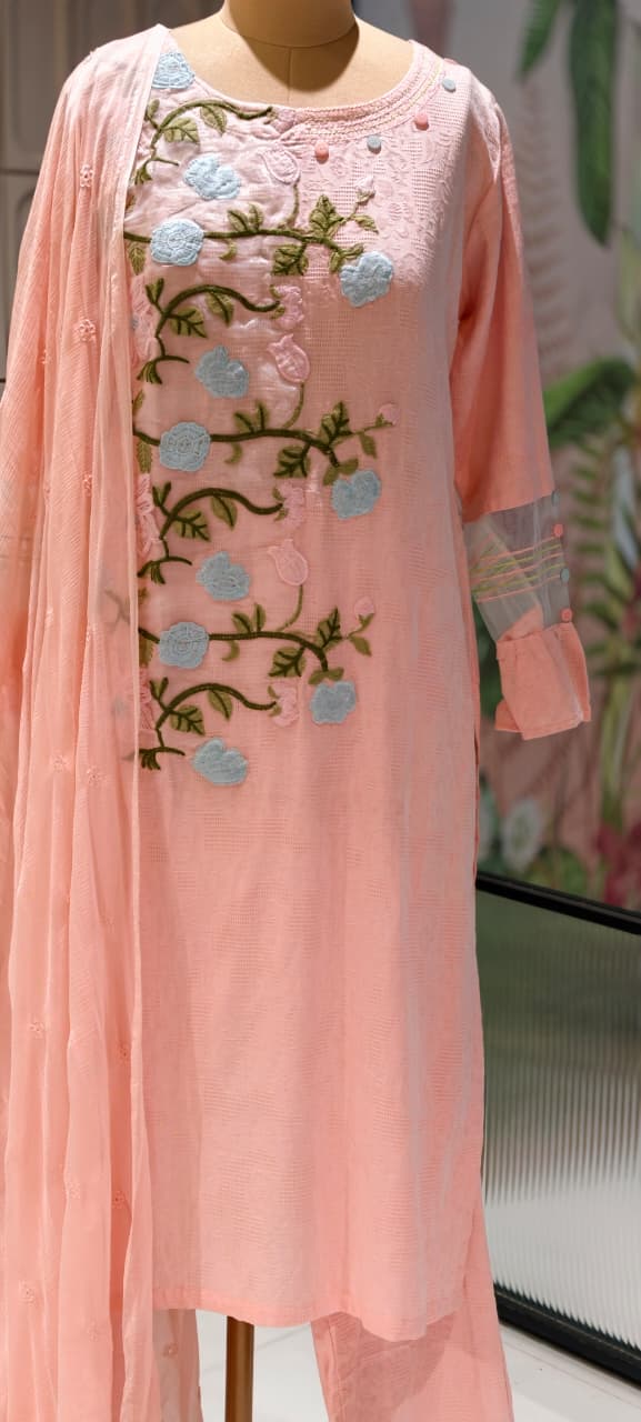 Spring Floral Fine Embroidered Pure White Premium Imported Fabric Full Suit Set With Dupatta- 15194