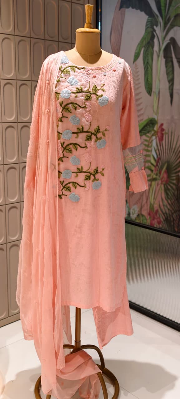 Spring Floral Fine Embroidered Pure White Premium Imported Fabric Full Suit Set With Dupatta- 15194
