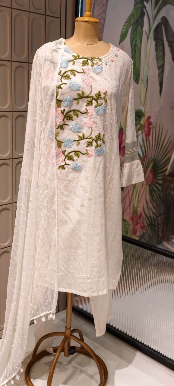 Spring Floral Fine Embroidered Pure White Premium Imported Fabric Full Suit Set With Dupatta- 15194