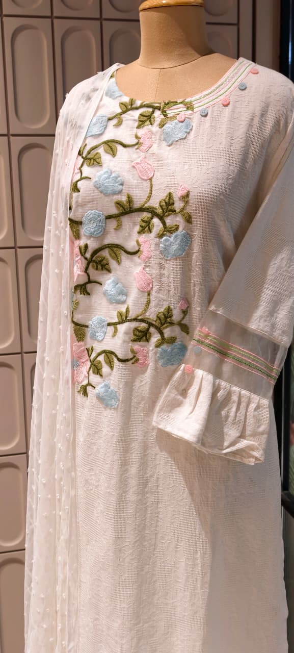Spring Floral Fine Embroidered Pure White Premium Imported Fabric Full Suit Set With Dupatta- 15194