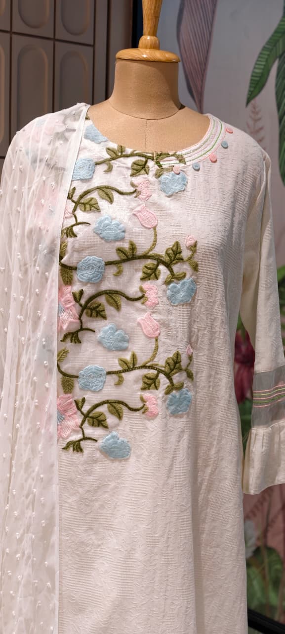 Spring Floral Fine Embroidered Pure White Premium Imported Fabric Full Suit Set With Dupatta- 15194
