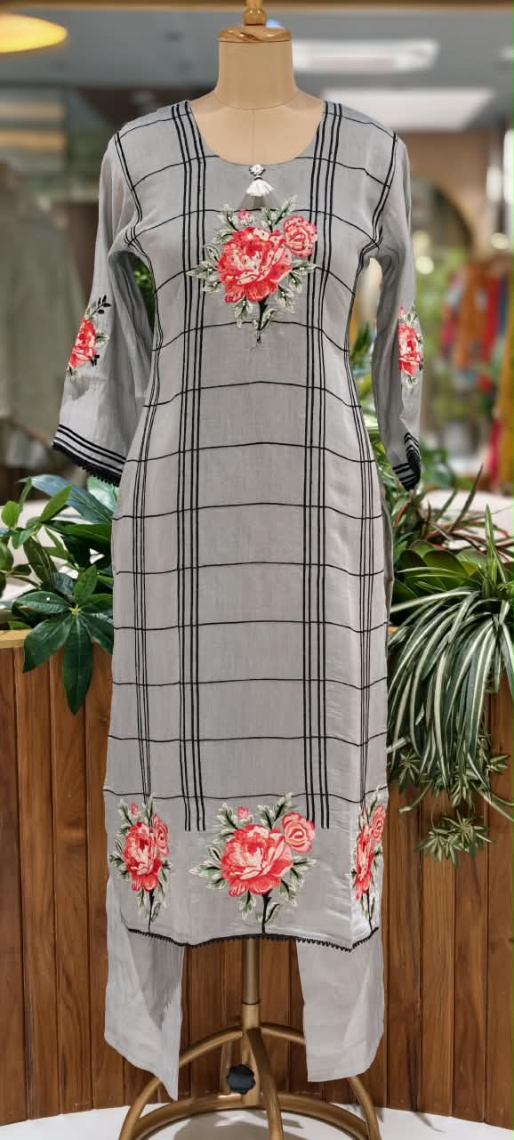 Fine Vibrant Floral Embroidery Checks Surat Mul-Chanderi Straight Full Suit Set With Dupatta- 16098