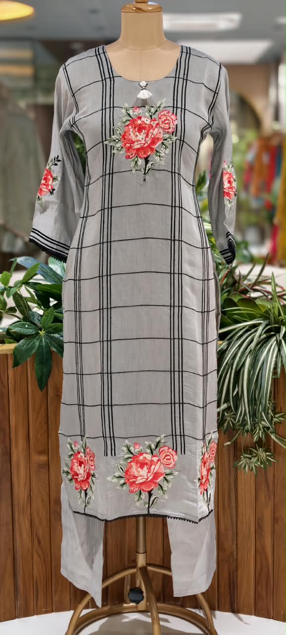 Fine Vibrant Floral Embroidery Checks Surat Mul-Chanderi Straight Full Suit Set With Dupatta- 16098