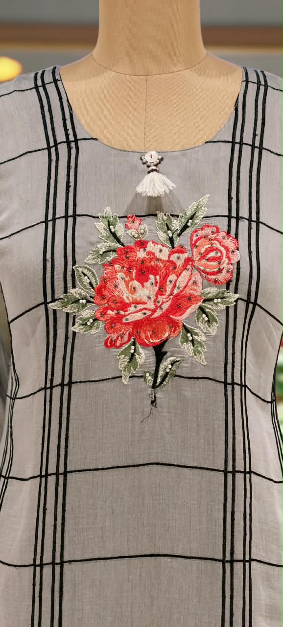 Fine Vibrant Floral Embroidery Checks Surat Mul-Chanderi Straight Full Suit Set With Dupatta- 16098