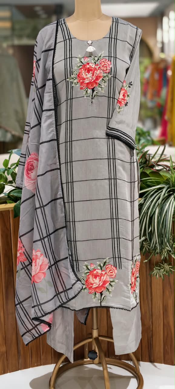 Fine Vibrant Floral Embroidery Checks Surat Mul-Chanderi Straight Full Suit Set With Dupatta- 16098