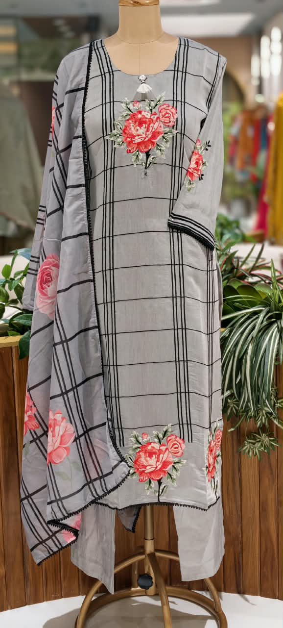 Fine Vibrant Floral Embroidery Checks Surat Mul-Chanderi Straight Full Suit Set With Dupatta- 16098