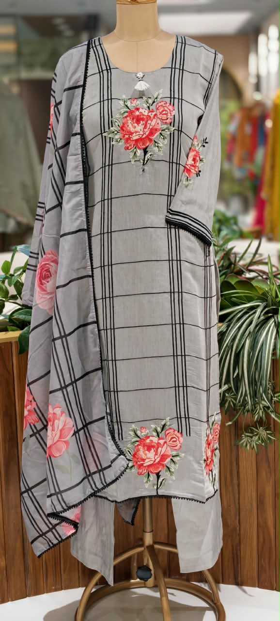 Fine Vibrant Floral Embroidery Checks Surat Mul-Chanderi Straight Full Suit Set With Dupatta- 16098