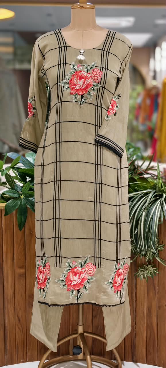 Fine Vibrant Floral Embroidery Checks Surat Mul-Chanderi Straight Full Suit Set With Dupatta- 16098