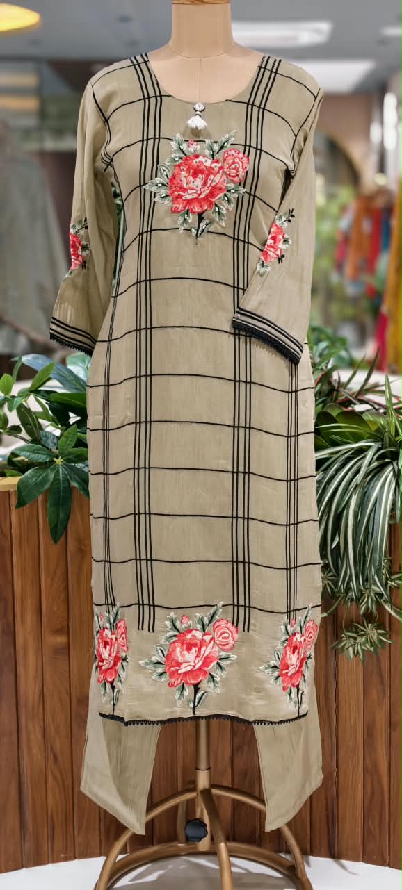 Fine Vibrant Floral Embroidery Checks Surat Mul-Chanderi Straight Full Suit Set With Dupatta- 16098