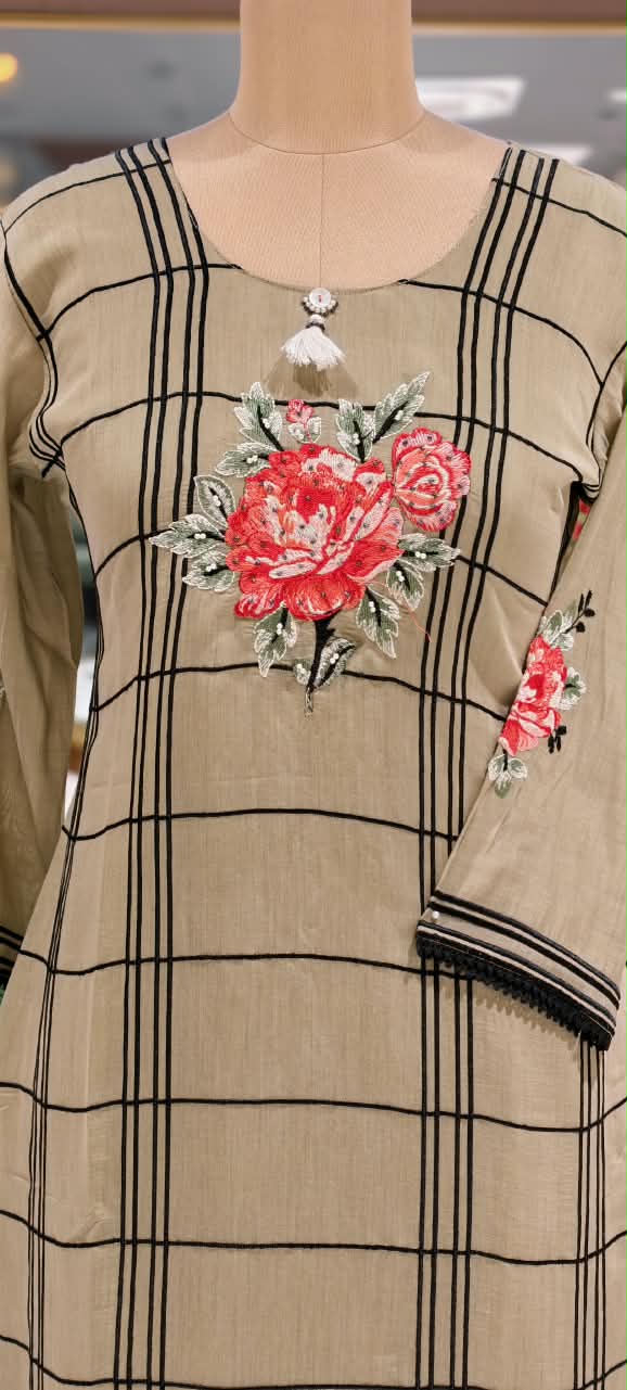 Fine Vibrant Floral Embroidery Checks Surat Mul-Chanderi Straight Full Suit Set With Dupatta- 16098