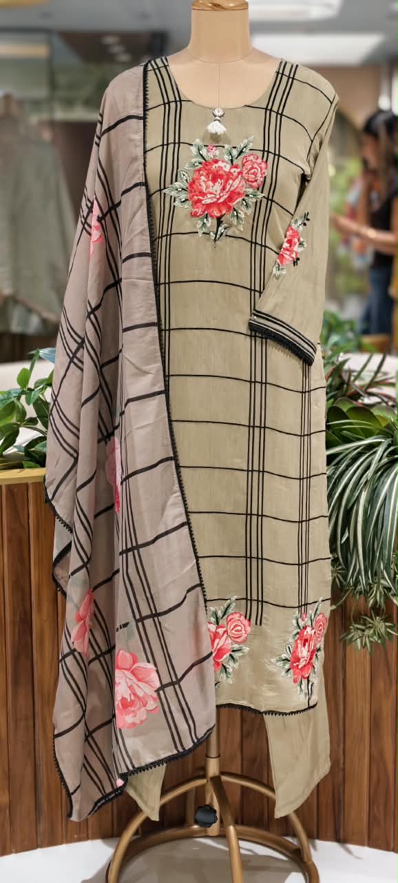 Fine Vibrant Floral Embroidery Checks Surat Mul-Chanderi Straight Full Suit Set With Dupatta- 16098