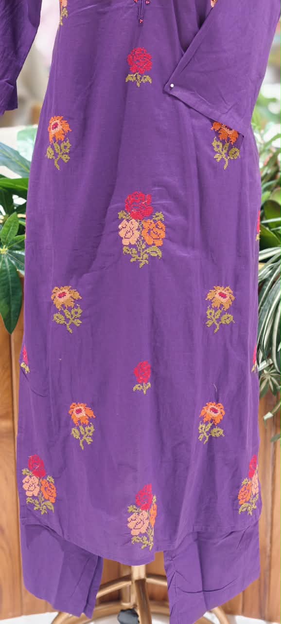 Cross-Stitch Abstract Floral Embroidery Straigth Cotton Full Suit Set With Dupatta- 16093