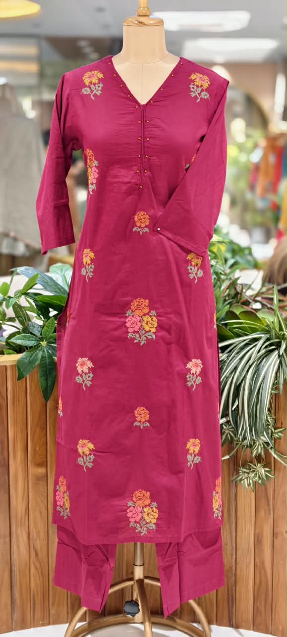 Cross-Stitch Abstract Floral Embroidery Straigth Cotton Full Suit Set With Dupatta- 16093
