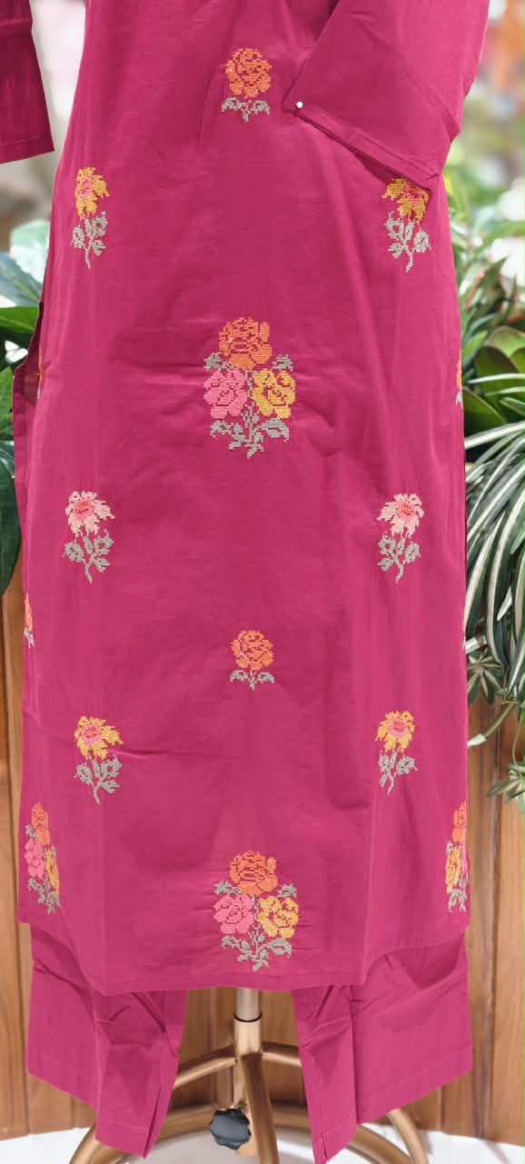 Cross-Stitch Abstract Floral Embroidery Straigth Cotton Full Suit Set With Dupatta- 16093