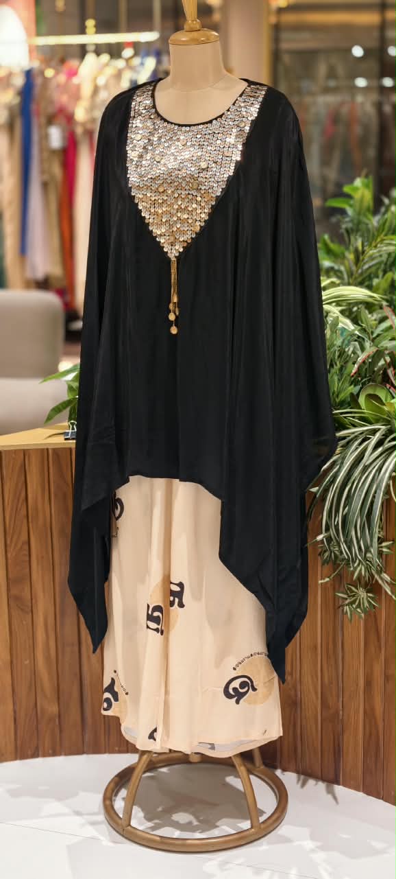 Heavy Shimmery Sequin With Coin Detailing Yoke Latkan Elegance Indo Look Kaftan Style Co-Ord Set- 16041