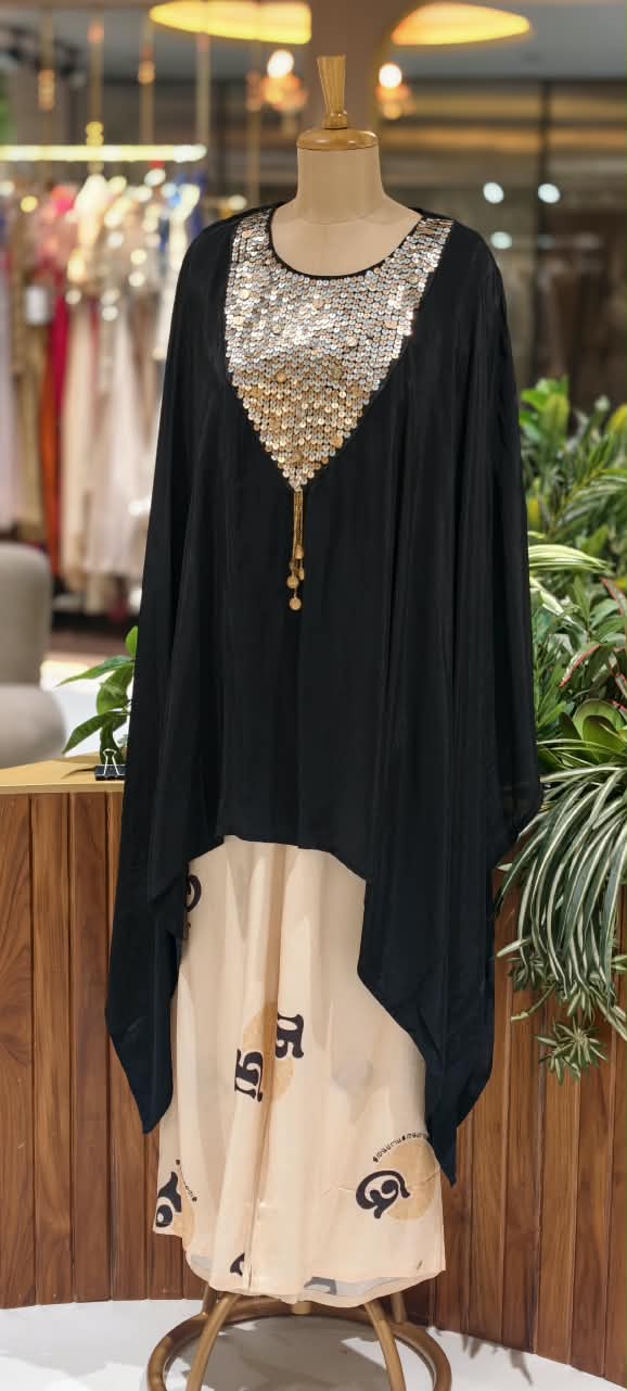 Heavy Shimmery Sequin With Coin Detailing Yoke Latkan Elegance Indo Look Kaftan Style Co-Ord Set- 16041