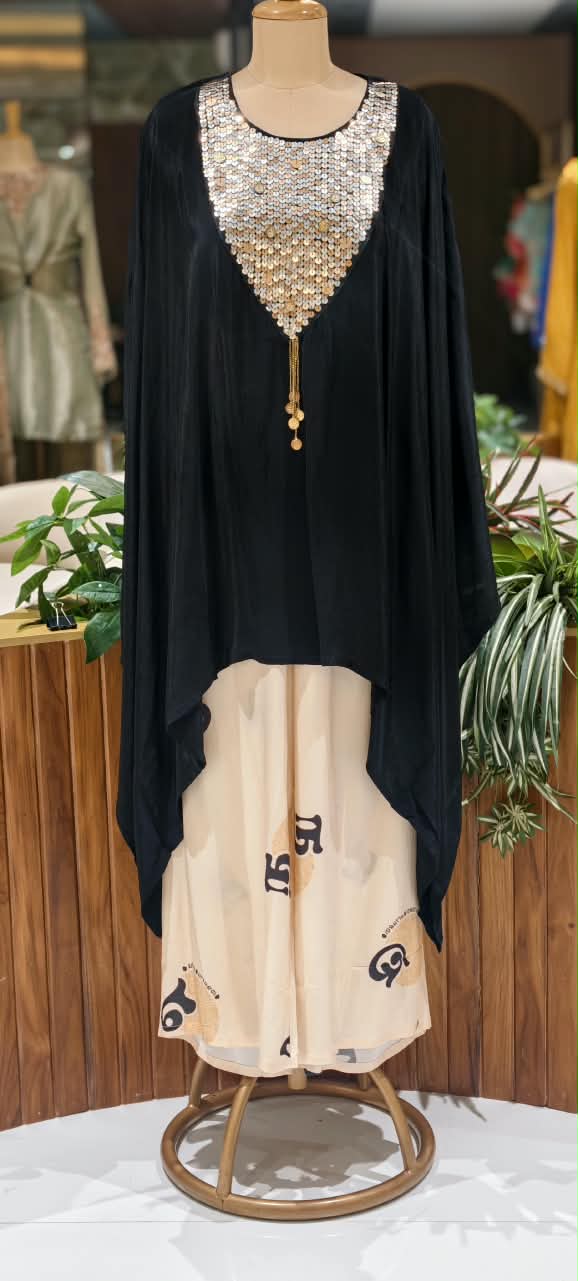 Heavy Shimmery Sequin With Coin Detailing Yoke Latkan Elegance Indo Look Kaftan Style Co-Ord Set- 16041